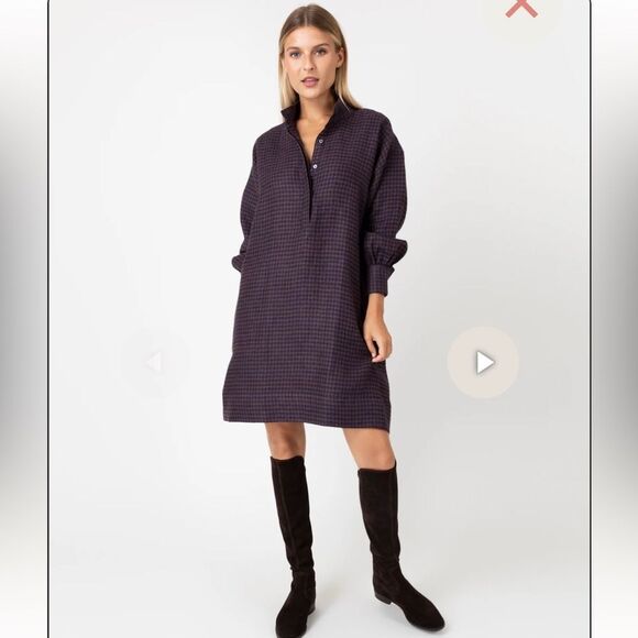Ann Mashburn Anaya Popover Dress in Brown Navy Gingham Linen Size MED - Picture 1 of 15